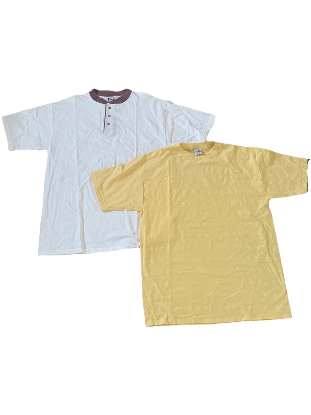 Vintage CalCru Single Stitch White Henley Burgundy Trim & Yellow Crewneck Tee XL